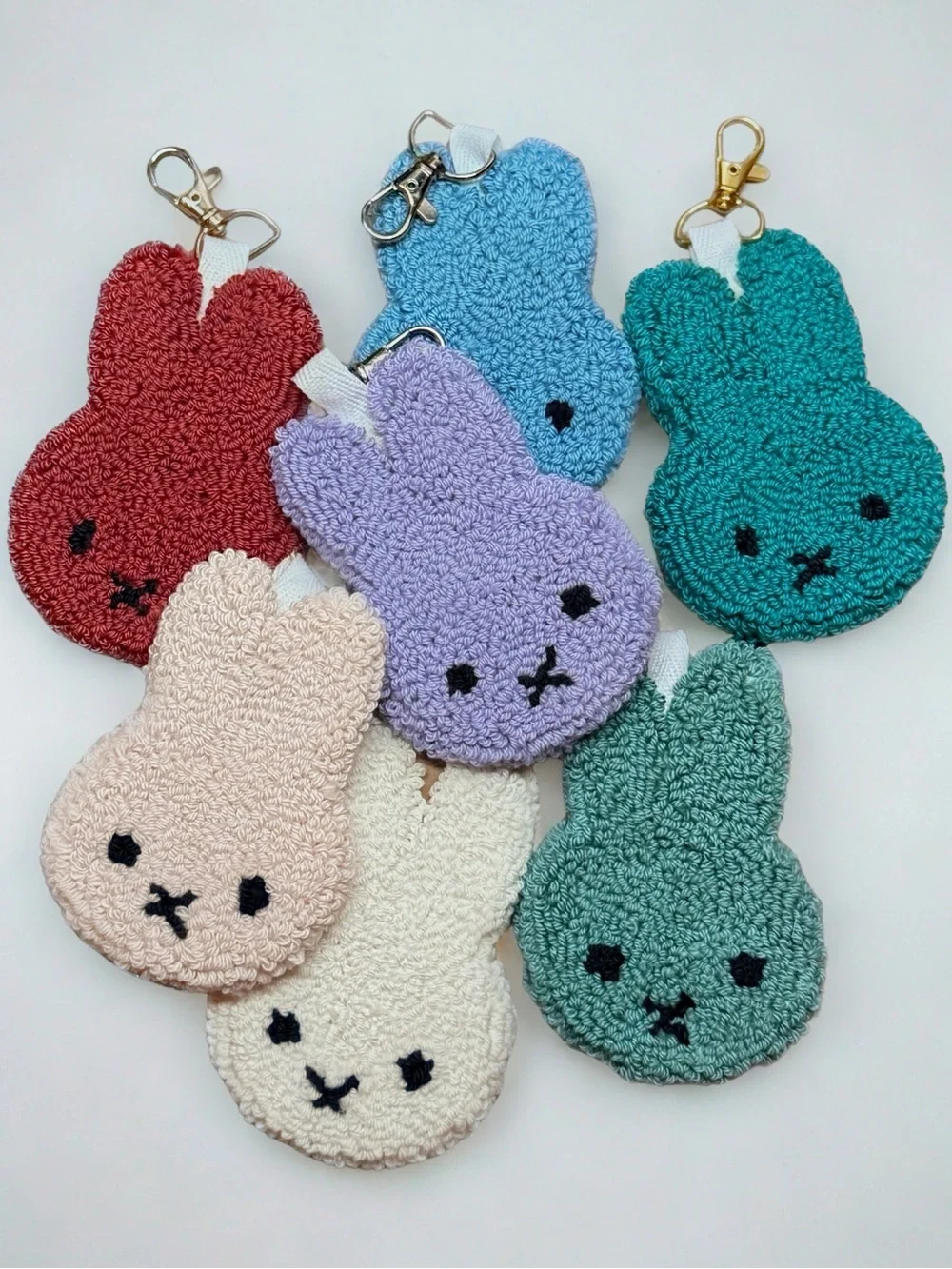 Handmade Punch Needle Tufted Bunny Bag Charm Keychain w/ Mirror -Light Pink